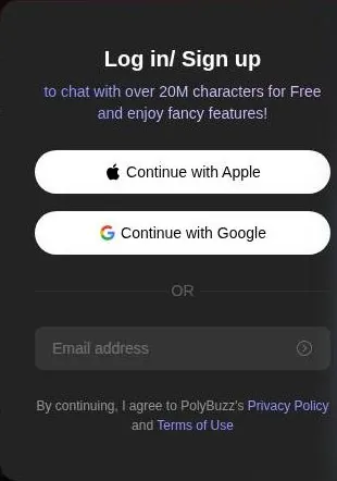 PolyBuzz log-in and sign-up modal with Apple, Google and e-mail options