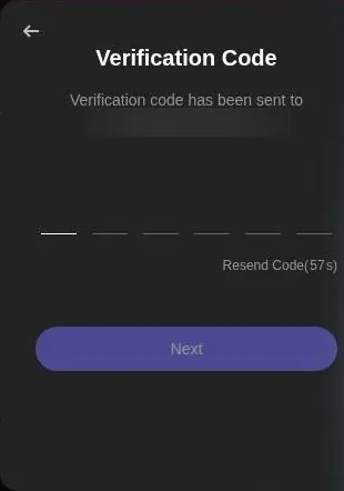 PolyBuzz verification code screen with six code boxes and a Next button
