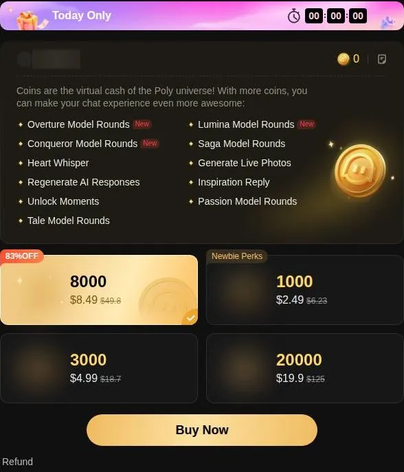 PolyBuzz coin store with four coin packs and a Today Only countdown banner