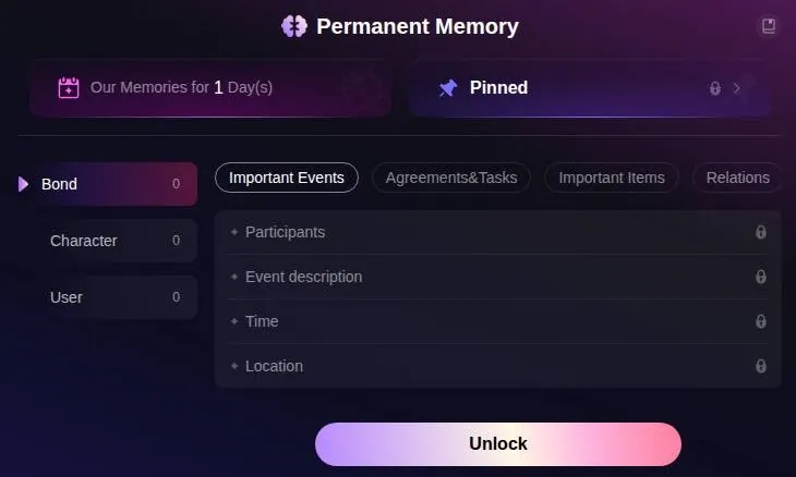 PolyBuzz Permanent Memory page with locked event fields and an Unlock button