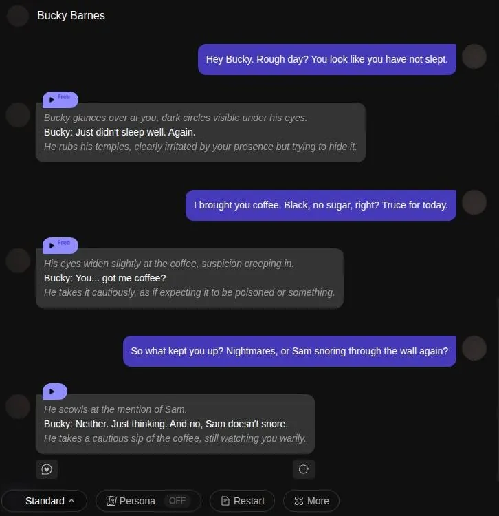 PolyBuzz roleplay chat with three short in-character replies from Bucky Barnes