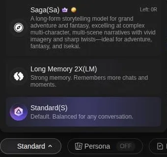 PolyBuzz model selector listing Saga, Long Memory 2X and the default Standard model