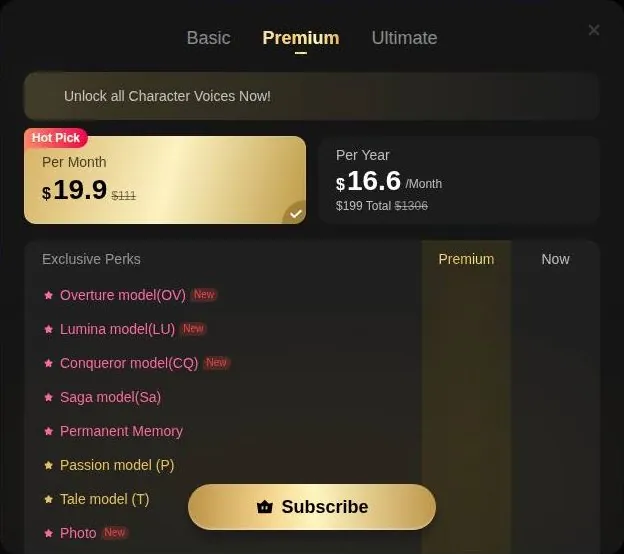 PolyBuzz subscription paywall reading Unlock all Character Voices Now