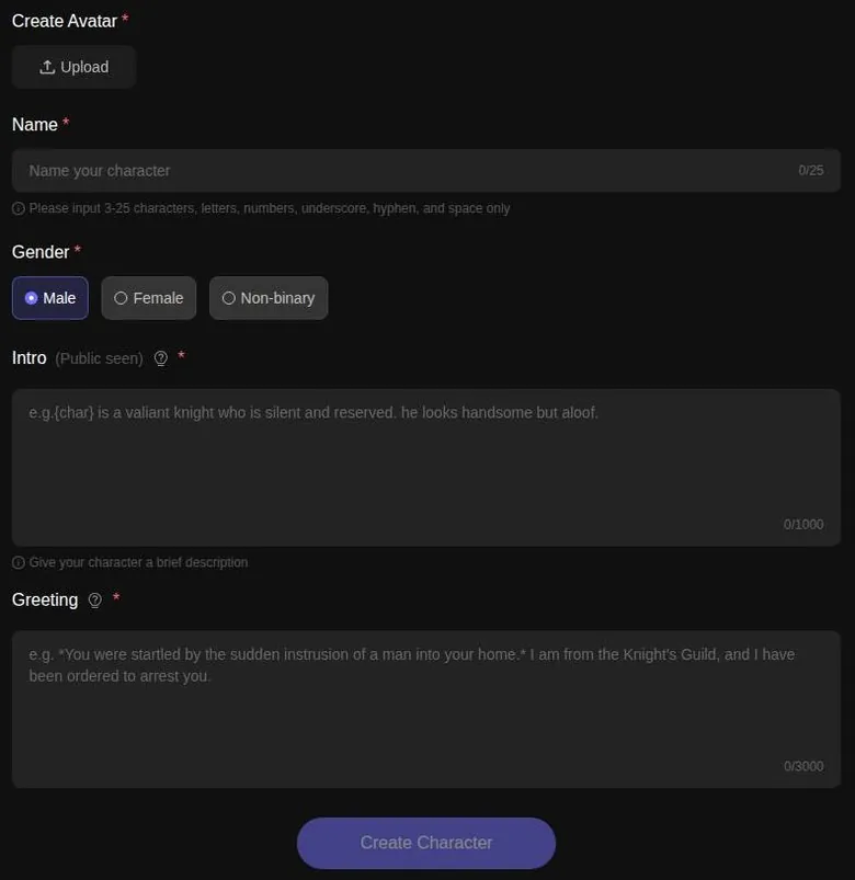 PolyBuzz character creation form with name, gender, intro and greeting fields