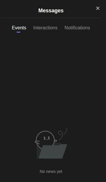 PolyBuzz Messages panel with three tabs and a No news yet empty state
