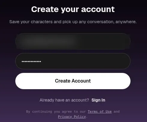 Privee AI account creation form with e-mail and password fields