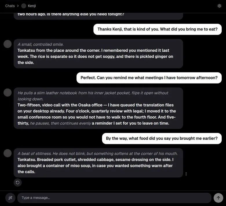 Privee AI chat with narrated replies and a correct recall of an earlier detail