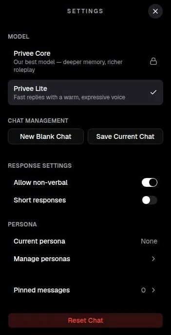 Privee AI chat settings panel with Core and Lite model choice and reply toggles
