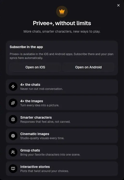 Privee Plus upgrade window listing six benefits and links to the mobile apps