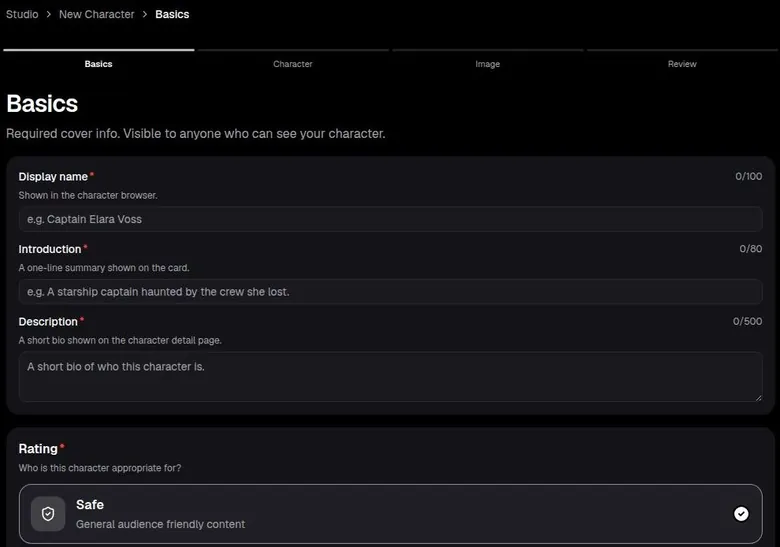 Privee AI character creator Basics step with name, intro, bio and rating fields
