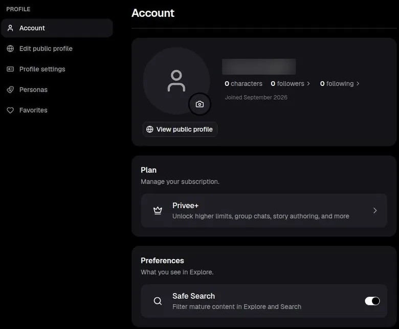 Privee AI account page with plan card and Safe Search switched on