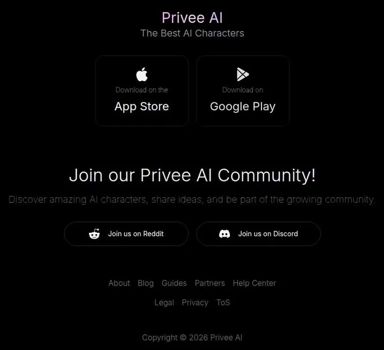 Privee AI site footer with app store buttons, Reddit and Discord links