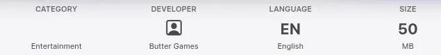 App Store facts row showing category, developer Butter Games, language and size