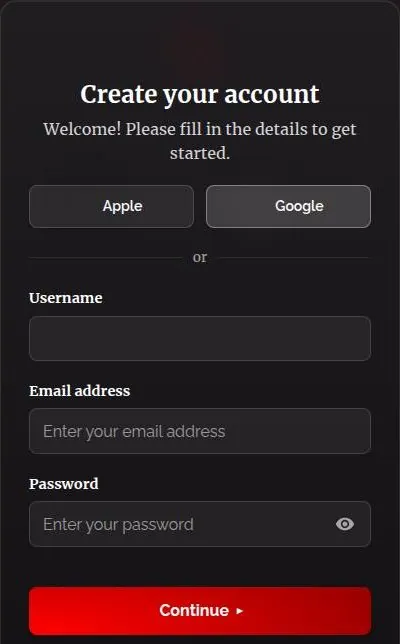 RedQuill Create your account form with Apple, Google, username, email and password fields