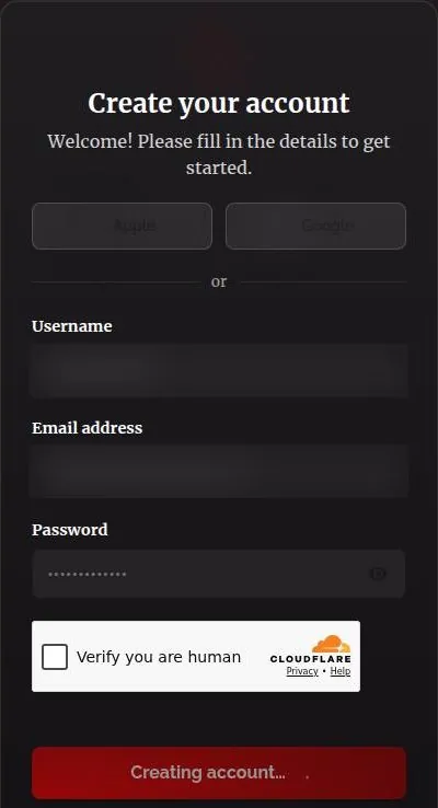 RedQuill sign-up form showing a Cloudflare Verify you are human checkbox