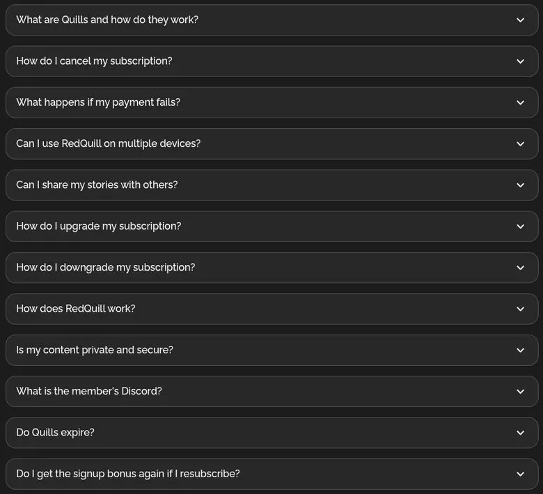 RedQuill pricing page FAQ list with twelve collapsed questions