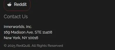 RedQuill footer with Reddit link and Innerworlds Inc. New York address