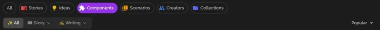 RedQuill Components tab with Story and Writing filters and a Popular sort