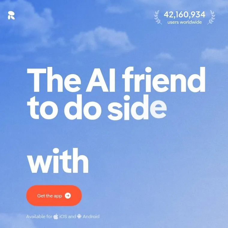 Replika landing page hero with user counter and Get the app button