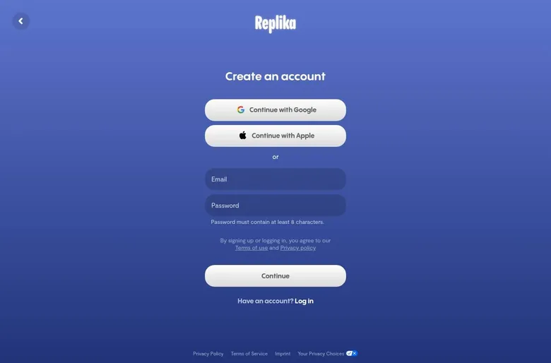 Replika account creation form with Google, Apple and e-mail options