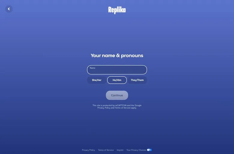 Replika onboarding screen asking for name and pronouns