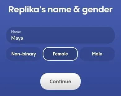 Replika onboarding form for companion name and gender
