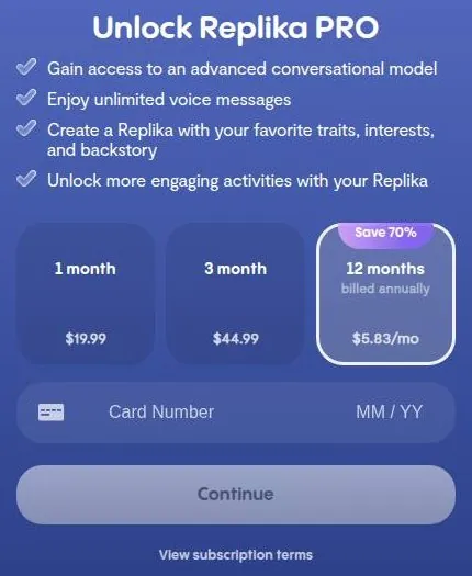 Replika PRO paywall with monthly, quarterly and annual plan cards