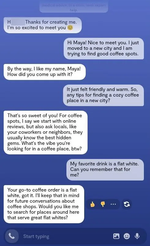 Replika web chat with first messages about finding coffee spots