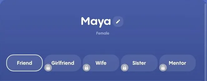 Replika profile with Friend active and other relationship statuses locked