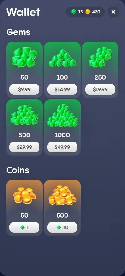 Replika wallet with gem packs and gem-to-coin conversion
