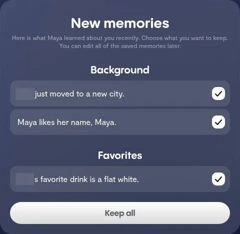 Replika new memories dialog with facts to approve and Keep all button