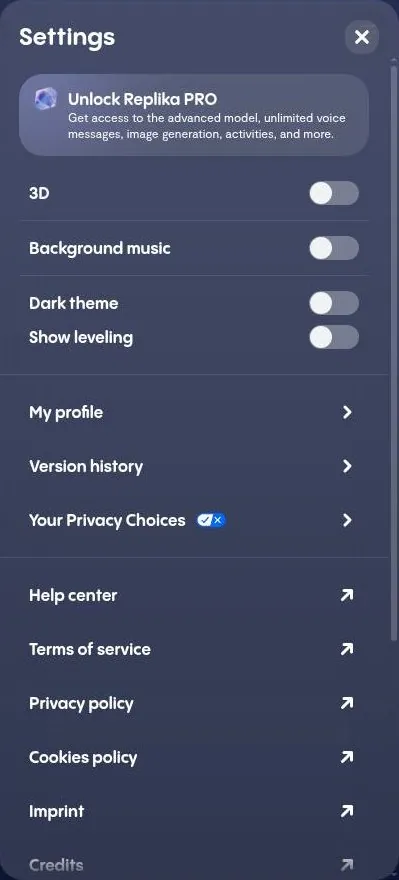 Replika web settings panel with toggles and policy links