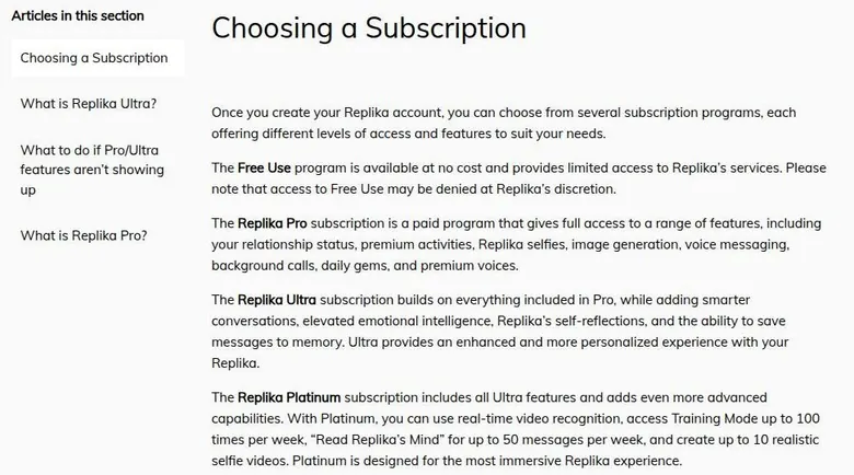 Replika help article describing Free Use, Pro, Ultra and Platinum plans