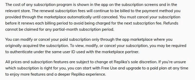 Replika help text on auto-renewal, refunds and where to cancel