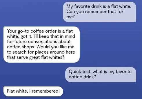 Replika chat recalling the user's favourite coffee drink