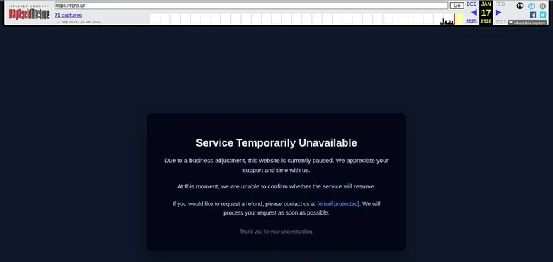Archived rprp.ai page from January 2026 with a Service Temporarily Unavailable notice and refund contact