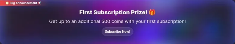 Archived rprp.ai banner offering bonus coins with the first subscription and a Subscribe Now button