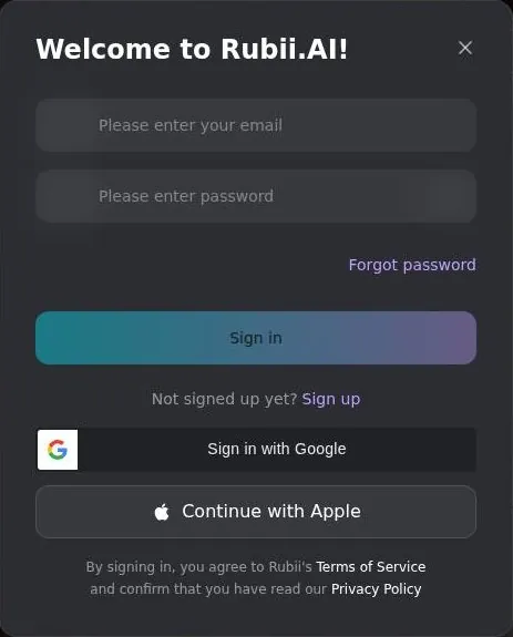 Rubii login window with email, Google and Apple sign-in options