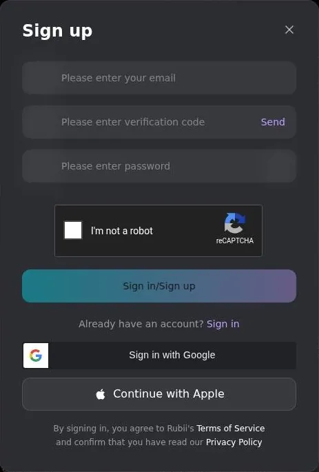 Rubii sign-up form with email code field and a reCAPTCHA checkbox