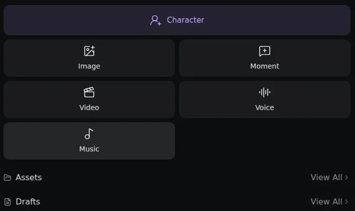 Rubii Create Center with tiles for character, image, moment, video, voice and music