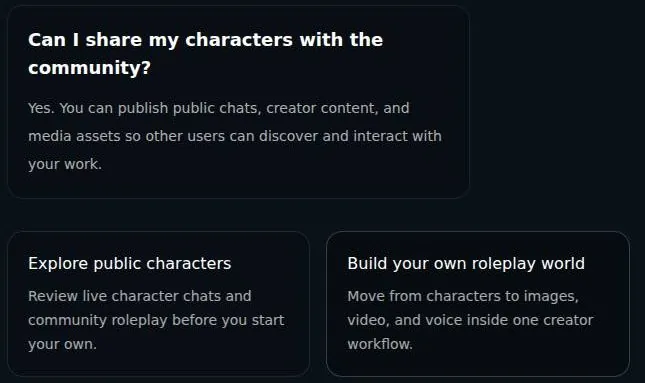 Rubii homepage FAQ card about sharing characters with the community