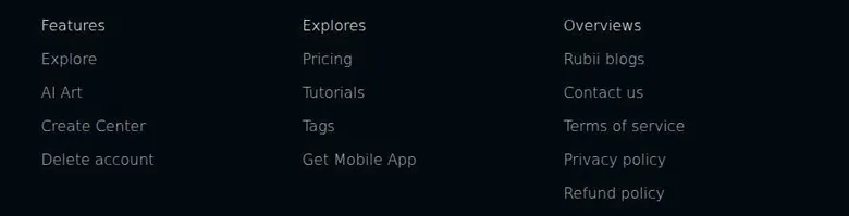 Rubii footer with links to terms, privacy policy, refund policy and account deletion