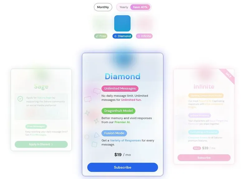 Sakura+ plan page with Sage, Diamond and Infinite cards on the monthly setting