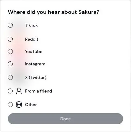 Sakura AI onboarding survey asking where the user heard about the app