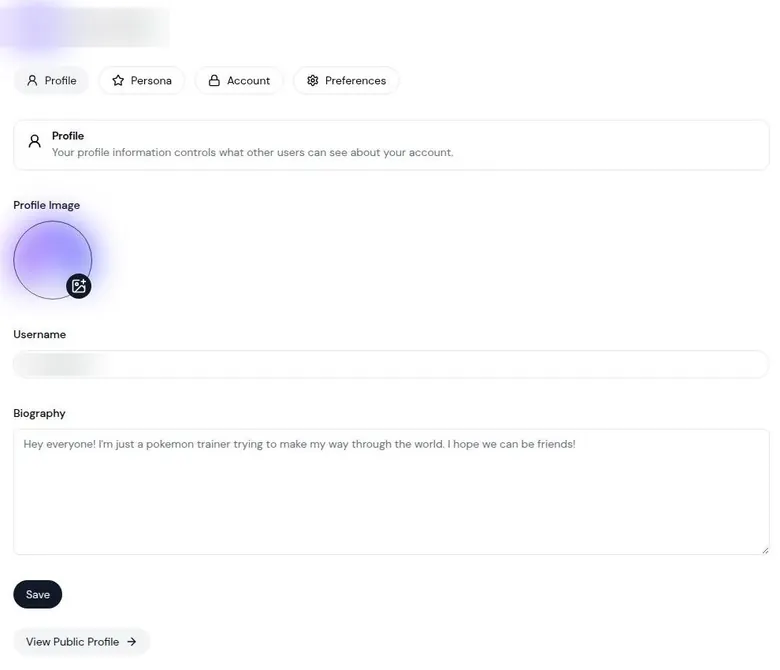 Sakura AI profile settings with tabs for profile, persona, account and preferences