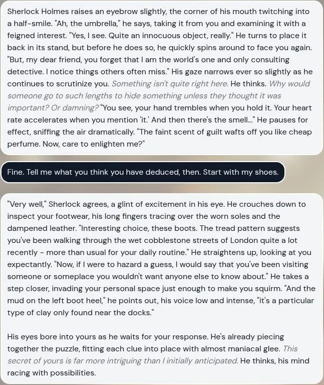 Sakura AI chat with long roleplay replies from a Sherlock Holmes character