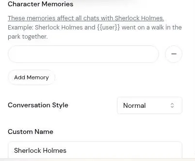 Sakura AI character settings with memory fields, conversation style and custom name