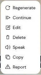 Sakura AI message menu with regenerate, continue, edit, delete, speak, copy and report