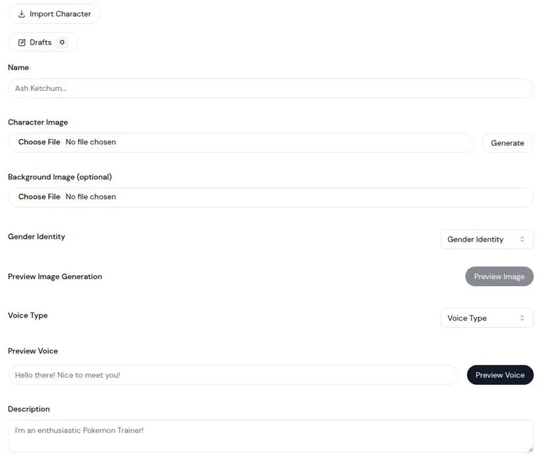Sakura AI character creation form with name, image, voice and description fields
