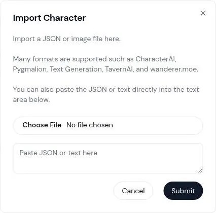 Sakura AI import dialog for character files from other roleplay tools